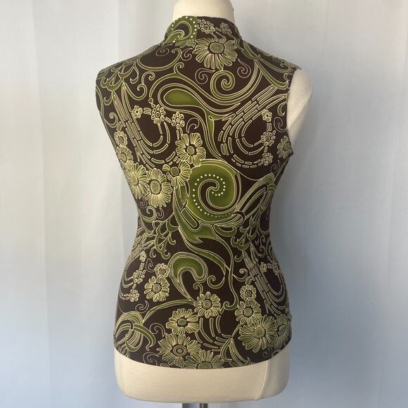Y2K Tank Top Size Large L Brown Green Floral Empire Waist Babydoll Stretch Boho - Picture 6 of 9